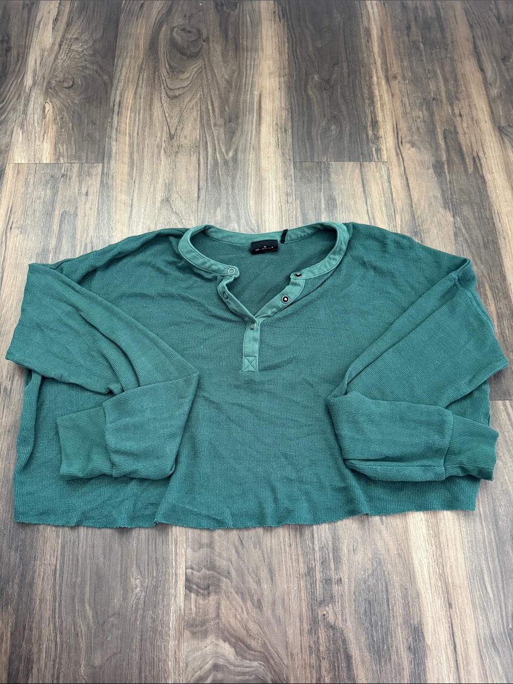 Urban Outfitters Teal Green Waffle-Knit Cropped Henley Sweater